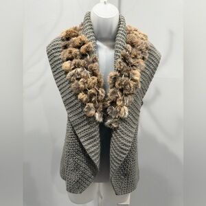 Puff & Bear Chunky Knit Faux Fur Trim boho gray Vest One Size / Fits like S-M